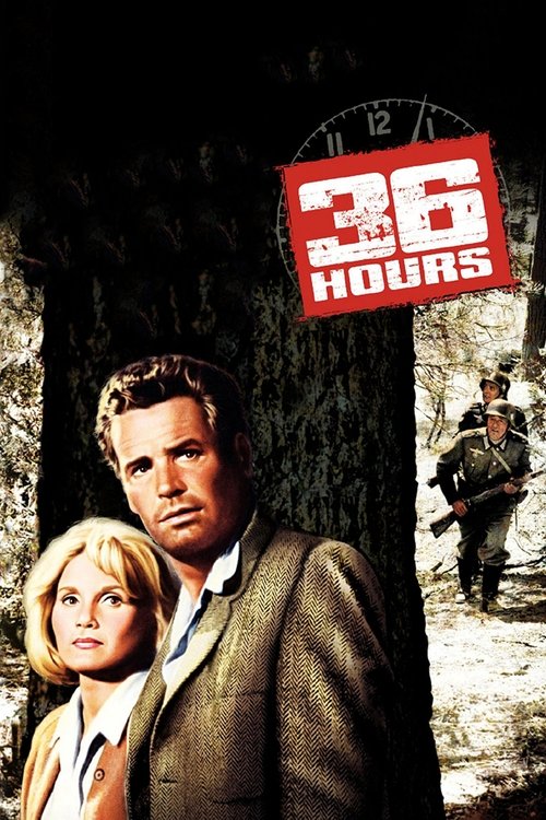 The poster features a dramatic scene with a man and woman in the foreground, exuding mystery and tension. The background is dark, with a mysterious figure standing in the distance. The title "36 Hours" is prominently displayed in bold red letters against a red background, emphasizing the film's s...