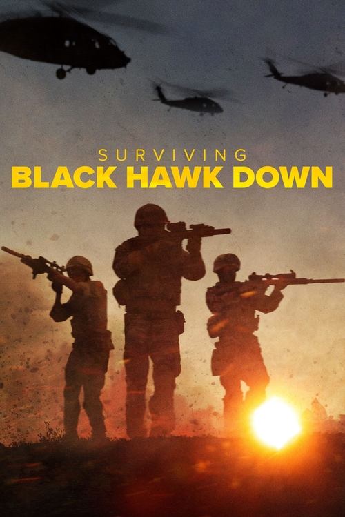 Silhouetted soldiers stand in a desert landscape, holding rifles against a dramatic sunset. The fiery glow of the sun illuminates their faces, creating a somber yet intense mood. Above, helicopters hover ominously, adding to the sense of danger and urgency.