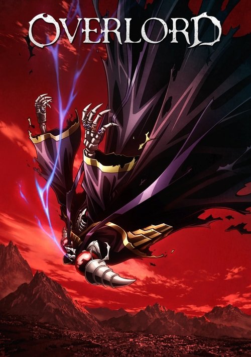 The poster features a menacing figure in dark armor soaring through a fiery red sky, with glowing purple lightning emanating from their hands. The title "OVERLORD" is prominently displayed at the top in gothic lettering, evoking a sense of ancient evil and impending doom.