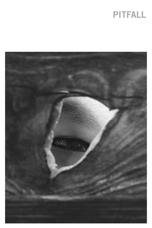 The poster features a striking black-and-white image of a torn eye, symbolizing the fragility of life and the dangers of falling. The stark contrast between the dark eye and the bright, almost white background creates a sense of vulnerability and danger. The word "PITFALL" in bold, uppercase lett...