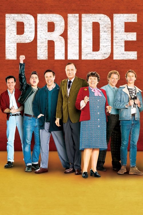 The poster features a group of six characters standing confidently against a warm, textured red background. Their vibrant clothing—jeans, blazers, and dresses—contrasts with the bold, white "PRIDE" title. The mood is energetic and celebratory, suggesting a film about pride and self-assertion.