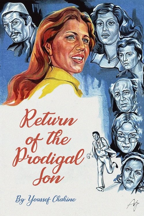 This poster features a central portrait of a man with red hair, surrounded by smaller sketches of diverse faces. The composition uses warm colors like reds and yellows against a blue background, creating a dramatic and nostalgic atmosphere. The title "Return of the Prodigal Son" is prominently di...