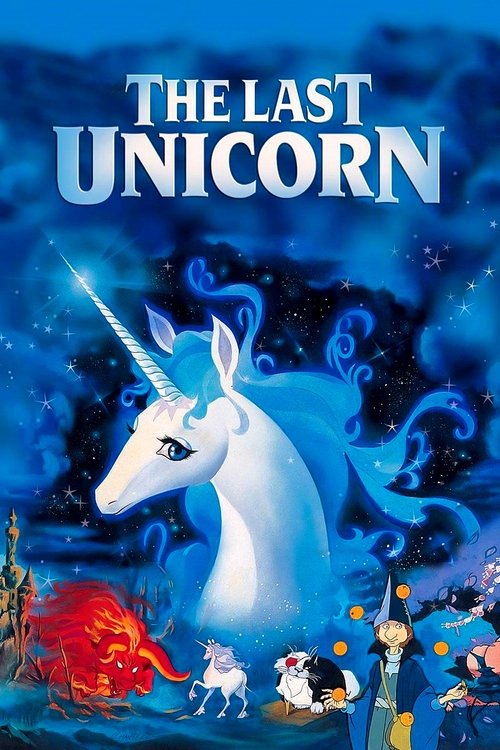 The poster features a majestic white unicorn with flowing blue hair against a starry blue background. Below, a red dragon and a group of children in colorful outfits add vibrant contrast. The overall mood is whimsical and magical, capturing the enchanting spirit of the story.