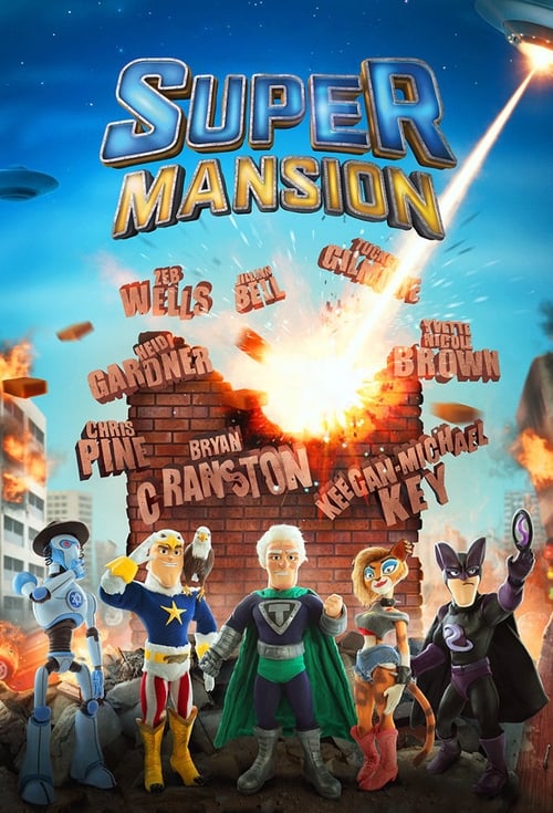 The poster features a vibrant scene with superhero characters in dynamic poses against a dramatic sky filled with explosions and fiery colors. The title "Super Mansion" is prominently displayed at the top, suggesting a magical or fantasy setting. The overall mood is energetic and adventurous, cap...
