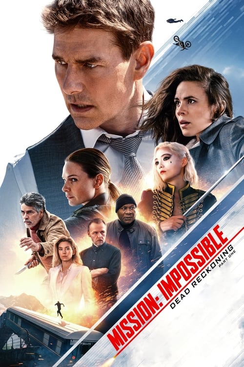 This movie poster features a dramatic composition with a man in the foreground, surrounded by other characters in various action poses. The color palette includes blues, whites, and warm tones, creating a sense of urgency and adventure. The title "Mission: Impossible - Dead Reckoning Part One" is...