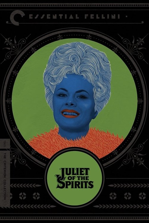 This vintage movie poster features a striking portrait of a woman with blue skin and red lips, set against a vibrant green background. The poster's design uses bold colors and an ornate, gothic aesthetic, evoking a mysterious and dramatic mood. The title "Juliet of the Spirits" is prominently dis...