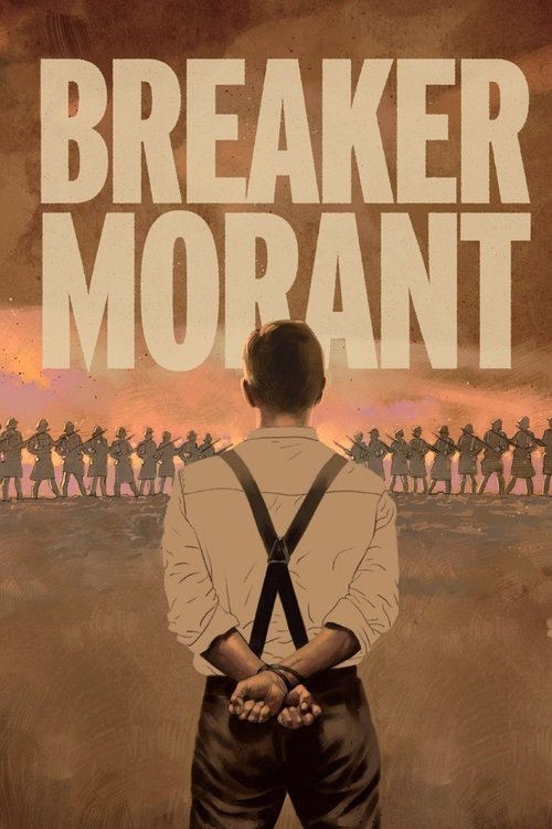 The poster features a lone figure in suspenders and a vest, facing away from the viewer against a backdrop of silhouetted soldiers marching in a desert landscape. The muted earth tones and dramatic sky evoke a sense of isolation and tension, hinting at the gritty and dangerous world of the film.