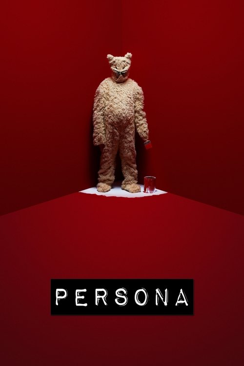 The poster features a solitary figure of a person in a textured, golden outfit standing on a red carpet against a deep red backdrop. The minimalist design emphasizes the mysterious and mysterious mood of the show, with the bold text "PERSONA" at the bottom.