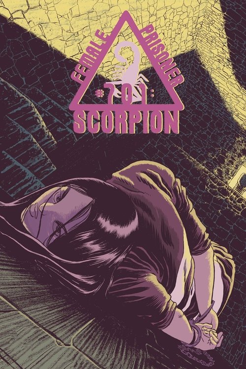 The poster features a woman in a prison cell, her dark hair cascading down her back as she lies on the floor. The scene is dominated by muted purple and yellow tones, creating a somber and mysterious atmosphere. The title "Female Prisoner #701: Scorpion" is prominently displayed in pink text with...