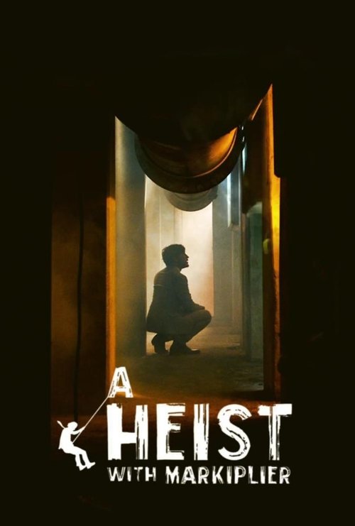 The poster features a lone figure kneeling in a dimly lit hallway, bathed in warm golden light. The silhouette of a man is prominent against the dark background, evoking mystery and suspense. The title "A Heist with Markiplier" is boldly displayed at the bottom, suggesting a thrilling adventure. ...