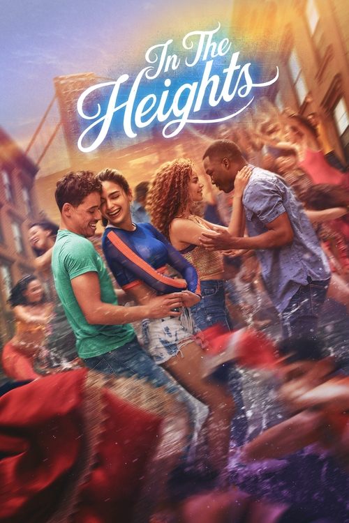 The poster features a lively scene with people dancing in colorful, festive attire. The warm, golden hues of the background suggest a joyful, celebratory atmosphere. The title "In the Heights" is elegantly written in white script, emphasizing the film's theme of community and celebration.