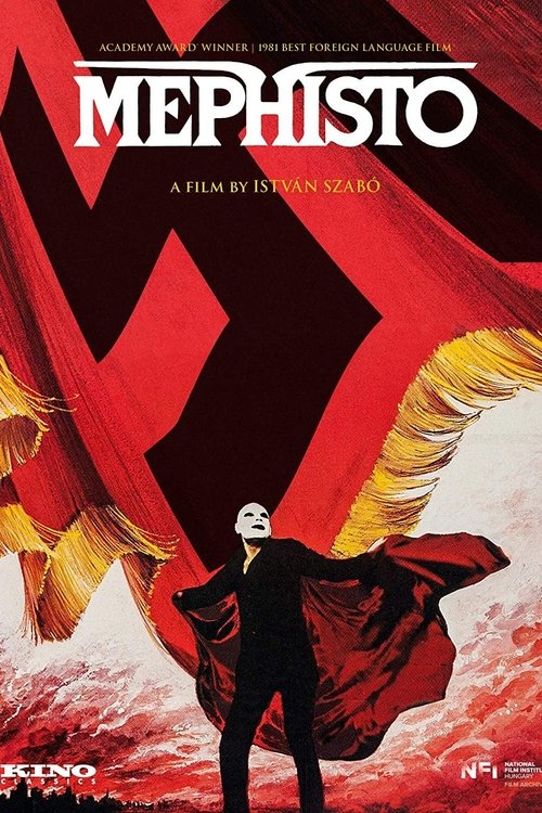 The poster features a mysterious figure in a black suit with wings, set against a dramatic red and black background. The title "Mephisto" is prominently displayed in bold white letters, evoking a sense of intrigue and mystery.