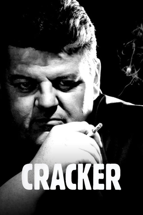 This black-and-white poster features a close-up of a man with intense, piercing eyes, his hand resting thoughtfully against his cheek. The stark lighting and shadowy tones evoke a mysterious, suspenseful mood, while the bold, white text "CRACKER" anchors the composition.