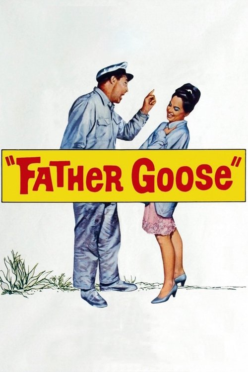 This vintage movie poster features a cheerful couple in mid-action, with the man pointing at the woman while she smiles. The bold yellow banner with red text "FATHER GOOSE" dominates the center, evoking a classic 1930s film aesthetic. The soft, clean background enhances the nostalgic charm of the...