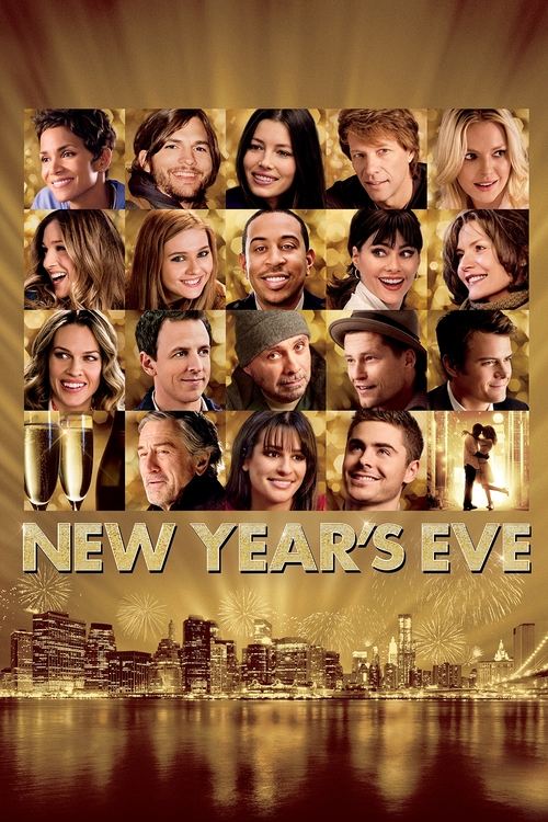 The poster features a grid of diverse faces, suggesting a diverse cast, set against a warm, golden background that evokes celebration and nostalgia. The title "New Year's Eve" is prominently displayed in bold, metallic letters, while the city skyline at the bottom hints at a glamorous, urban sett...