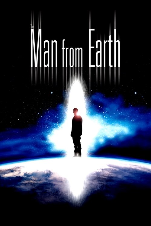 The poster features a solitary figure standing on the surface of Earth, illuminated by a radiant white light that pierces through the atmosphere. The dark, starry background contrasts sharply with the ethereal glow, creating a mysterious and otherworldly mood.