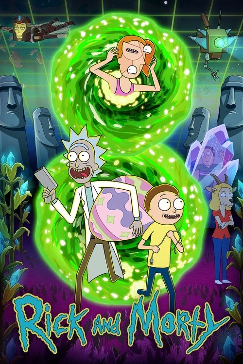 This vibrant poster features three animated characters in a cosmic setting, with Rick and Morty glowing in a green vortex. The scene exudes a whimsical and adventurous mood, capturing the show's playful and fantastical tone.