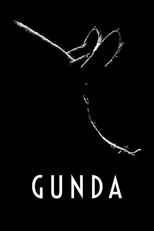 The poster features a minimalist black background with a white, abstract figure that resembles a bird or abstract shape. Below the image, the title "GUNDA" is displayed in bold, white capital letters. The stark contrast and simple design evoke a sense of mystery and intrigue, suggesting a dramati...