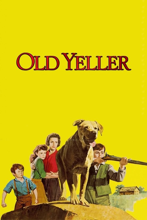 A vibrant yellow poster featuring a cheerful family of four and a large dog, evoking a warm, nostalgic atmosphere.