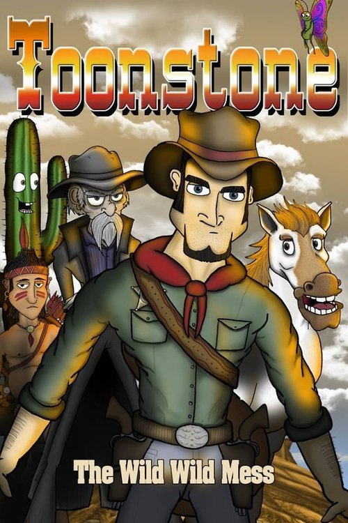 The poster features a cowboy in a green shirt and brown hat standing prominently, surrounded by other characters like a man in a hat, a cow, and a man with a beard. The background is filled with warm, earthy tones of orange, brown, and green, evoking a dusty, adventurous atmosphere. The title "To...