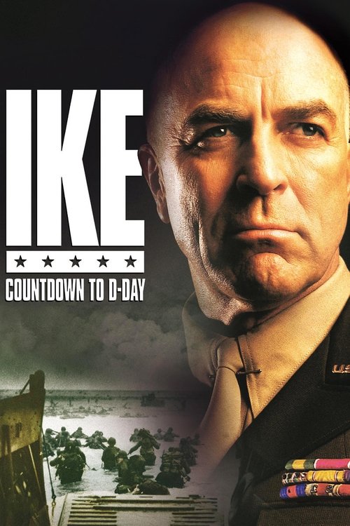 The poster features a somber portrait of a man in military uniform, with the title "Ike" prominently displayed in bold white letters. The background shows a desolate beach scene, evoking a sense of impending doom and historical drama. The muted colors and serious expression convey a tense, dramat...