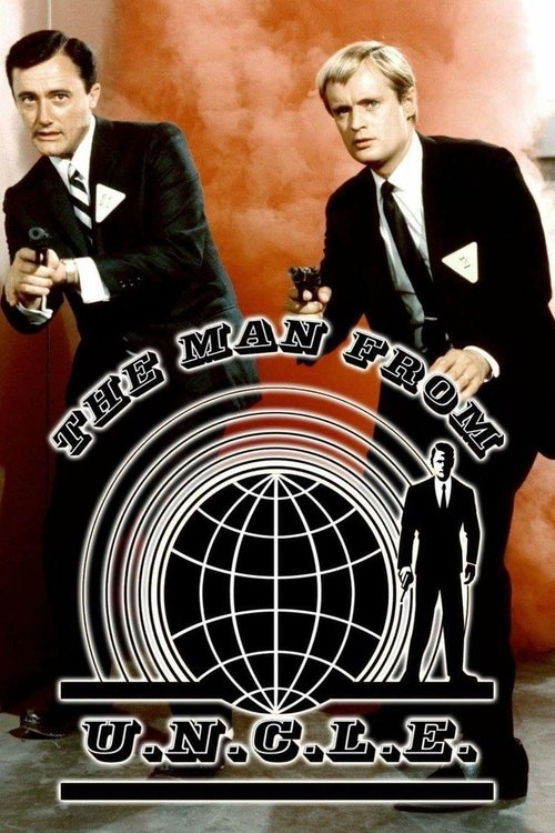 The poster features two men in tuxedos holding pistols, exuding a mysterious and suspenseful mood. The background is warm with a globe and a silhouette of a man, emphasizing the show's connection to the United Nations. The bold text and dramatic composition create an intriguing and thrilling atmo...