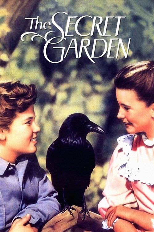 The poster features two young girls gazing at a black crow perched on a wooden table, with soft greens and warm tones creating a serene, nostalgic atmosphere.