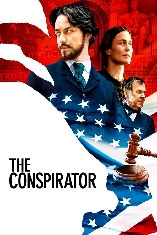 The poster features three men in suits against a patriotic American flag background, with a gavel symbolizing justice. The colors are red, white, and blue, evoking a serious and dramatic tone. The mood suggests a political thriller with themes of betrayal and conspiracy.