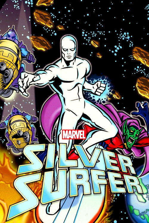 The poster features the iconic Silver Surfer in a dynamic pose against a cosmic backdrop, surrounded by vibrant colors including gold, purple, and blue. The Marvel logo is prominently displayed, emphasizing the superhero genre. The overall mood is energetic and adventurous, capturing the essence ...
