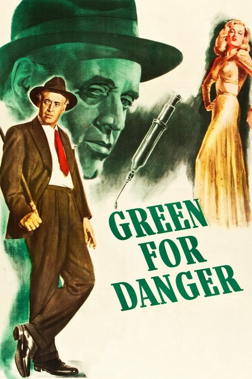 The poster features a man in a brown suit and hat against a green background, with a woman in a yellow dress and a man in a green hat looming behind him. The title "GREEN FOR DANGER" is prominently displayed in bold green letters. The overall mood is mysterious and suspenseful, with the green ton...