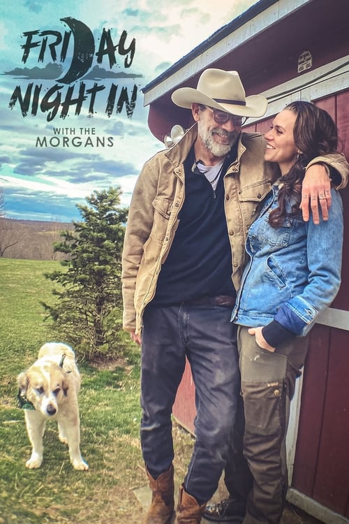 The poster features a warm, rustic scene with a cowboy man and woman standing beside a red barn, exuding a cozy, inviting mood. A cheerful golden retriever adds a playful touch, while the vibrant colors of the denim jacket and cowboy hat create a lively, nostalgic atmosphere.