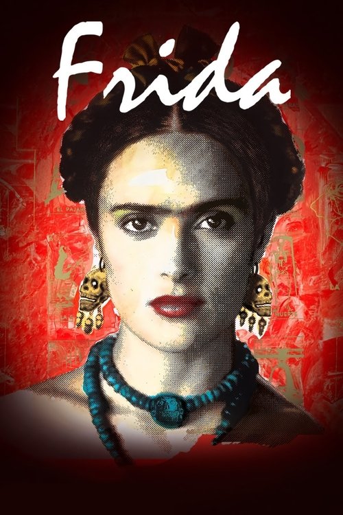 The poster features a striking portrait of Frida Kahlo against a fiery red background, evoking a sense of raw emotion and artistic intensity. The bold white text "Frida" anchors the composition, while her expressive gaze and turquoise necklace add depth to the visual narrative.