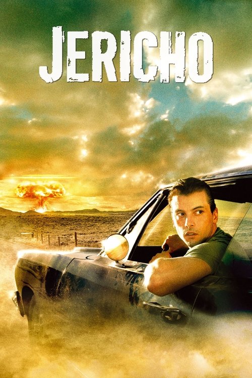 The poster features a rugged man in a green shirt driving a vintage car through a dusty, golden desert landscape under a dramatic sky. The title "JERICHO" is prominently displayed at the top in bold, distressed lettering. The overall mood is adventurous and intense, capturing the essence of a hig...