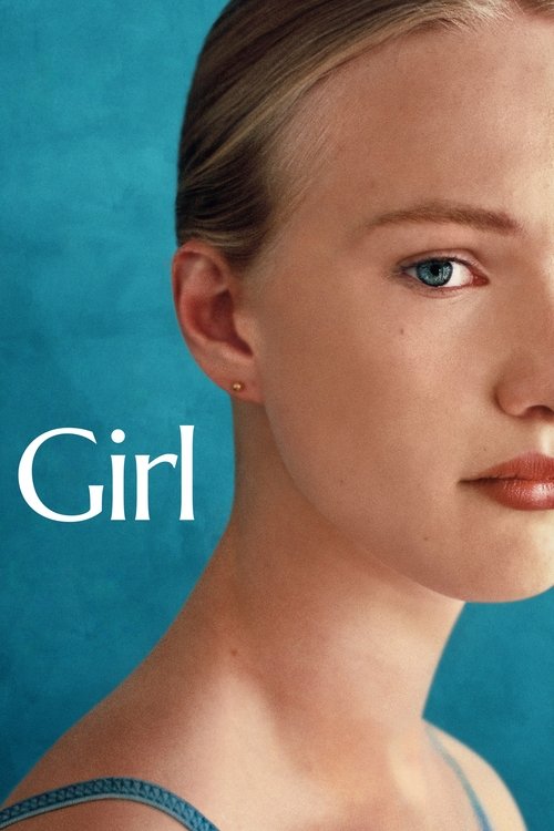 This movie poster features a young woman with blonde hair and blue eyes, exuding a serene and contemplative mood. The soft blue background complements her fair skin, creating a visually soothing atmosphere. The word "Girl" is prominently displayed in white text, emphasizing the film's theme.
