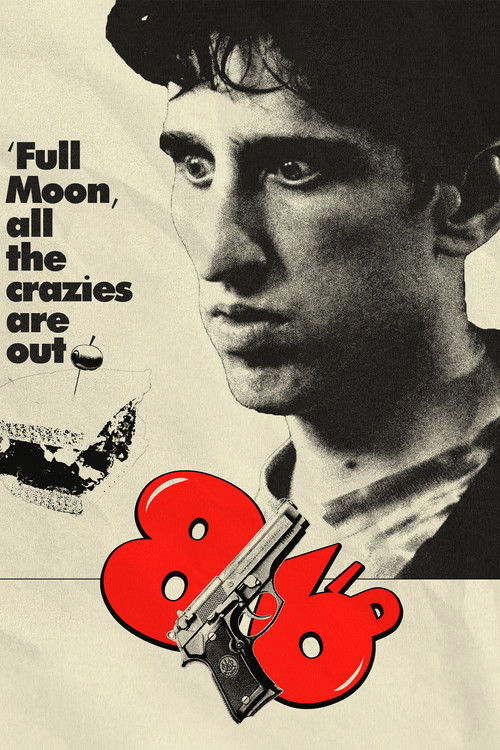 The poster features a gritty, moody black-and-white portrait of a man with a serious expression, surrounded by bold red numbers and a gun. The tagline "Full Moon, all the crazies are out" adds a sense of urgency and danger. The overall design conveys a suspenseful and thrilling atmosphere.