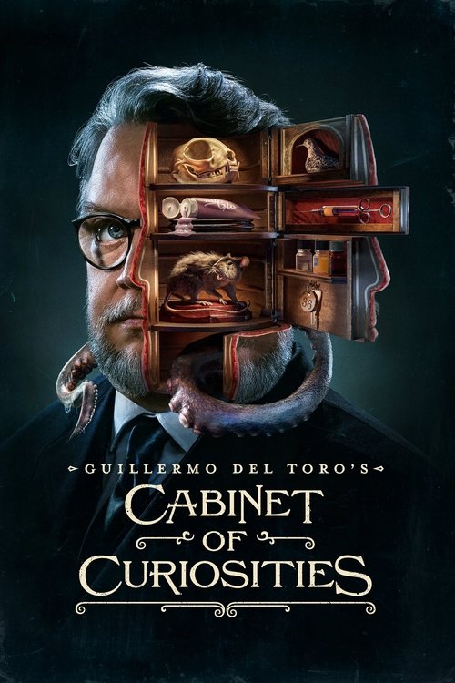 The poster features a mysterious man with a steampunk aesthetic, his face partially obscured by intricate, glowing mechanical structures. The dark, moody background enhances the eerie and intriguing atmosphere, while the title "Cabinet of Curiosities" in elegant script adds a sense of classic mys...