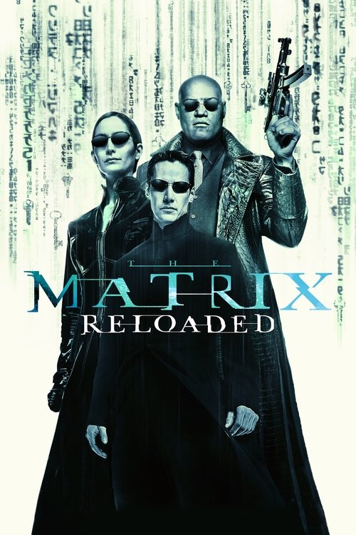 The poster features three characters in dark, futuristic clothing against a backdrop of digital code. The characters exude mystery and power, with one holding a futuristic weapon. The color palette is dominated by blacks, greys, and cool blues, creating a mysterious and intense atmosphere. The ti...
