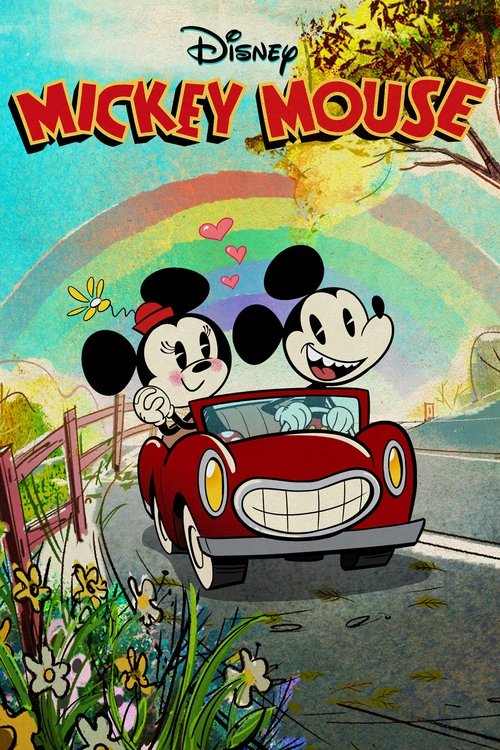This Disney poster features Mickey and Minnie in a cheerful red convertible car, surrounded by vibrant flowers and a rainbow. The warm colors and joyful expressions convey a playful and inviting mood, capturing the classic charm of the beloved animated classic.