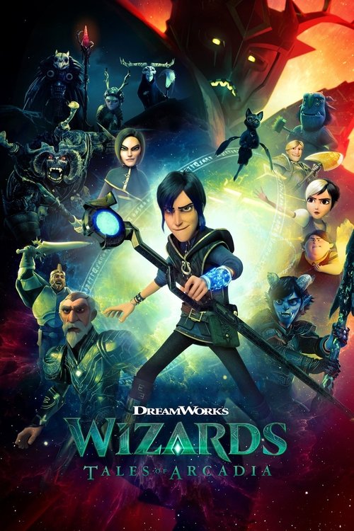 This vibrant poster features a central wizard in dynamic action poses, surrounded by diverse characters in fantastical settings. The rich colors of deep purples, fiery oranges, and mystical greens create an enchanting atmosphere. The mood is adventurous and magical, capturing the essence of a fan...