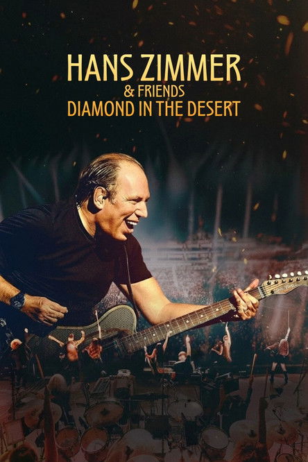 The poster features a man in a black shirt playing an electric guitar, surrounded by a crowd of musicians and performers. The warm, golden lighting creates a dramatic atmosphere, while the dark background emphasizes the glowing guitar and the energetic mood of the concert.