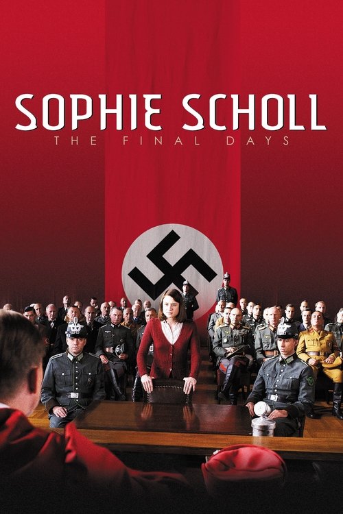 The poster features a solemn scene with a Nazi swastika prominently displayed against a red backdrop. A woman in a red dress stands at the center, surrounded by soldiers in military uniforms, creating a somber and historical atmosphere. The overall mood is one of historical weight and reflection,...