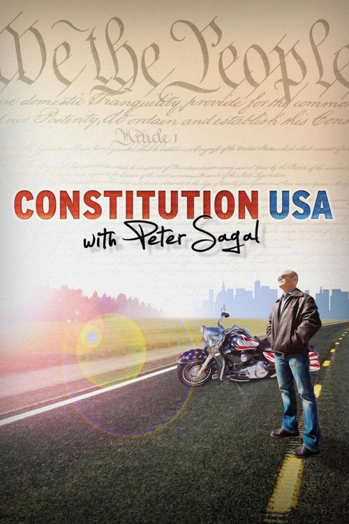 The poster features a man in a leather jacket and jeans standing on a grassy field with a motorcycle, evoking a sense of freedom and adventure. The background includes a faded map of the United States, suggesting a journey through history. The warm, golden hues and the vintage style of the map cr...