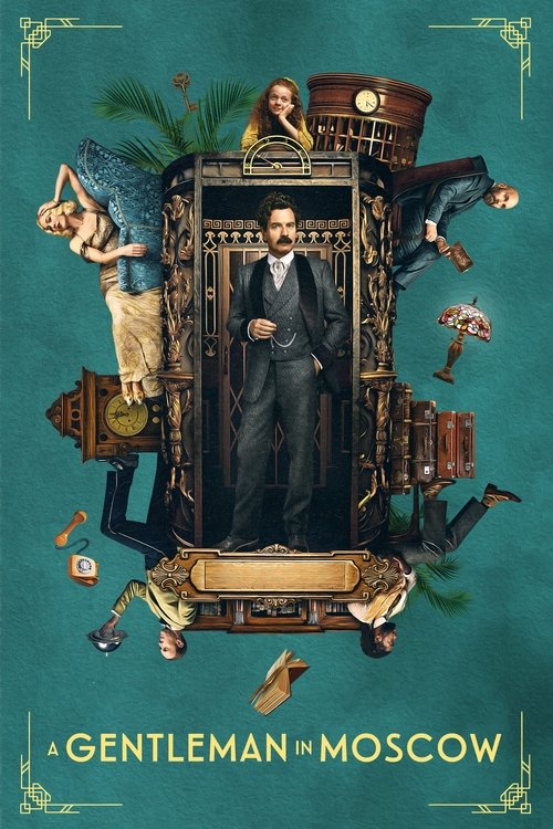 This vintage poster features a man in a dark suit standing in an ornate, golden-framed room surrounded by whimsical, fantastical elements like a ballerina, a bird, and a clock. The teal background and gold accents evoke a mysterious, slightly magical atmosphere.