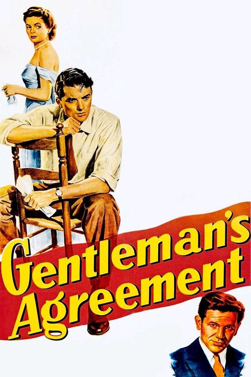 This vintage movie poster features a man in a suit and tie, a woman in a blue dress, and a man in a suit, all set against a white background. The title "Gentleman's Agreement" is prominently displayed in bold red and yellow letters. The overall mood suggests a classic film with a mix of elegance ...