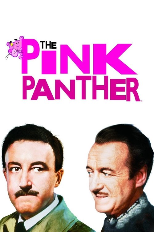 This vintage movie poster features two men in classic 1950s attire against a stark white background. The bold pink title "THE PINK PANTHER" dominates the upper section, evoking a playful yet mysterious atmosphere. The mood suggests a timeless comedy, capturing the essence of the era's entertainme...