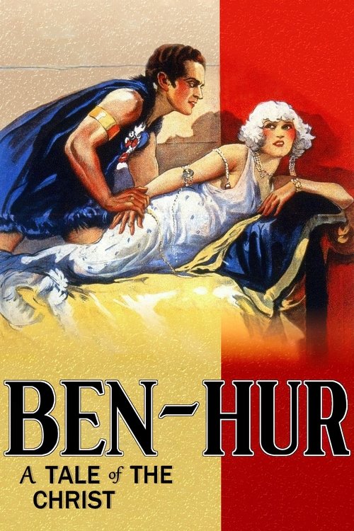 The poster features a dramatic scene with a muscular man in a blue cloak and a woman in a white dress, both reclining on a bed. The background is split between a warm yellow and a bold red, evoking a sense of historical drama and religious significance. The title "Ben-Hur" is prominently displaye...