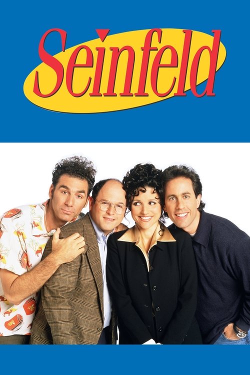 The poster features four characters in a cheerful, warm mood against a bright blue background. The title "Seinfeld" is prominently displayed in red and yellow, evoking a lively and fun atmosphere. The image captures the essence of the show's comedic spirit with its vibrant colors and friendly exp...