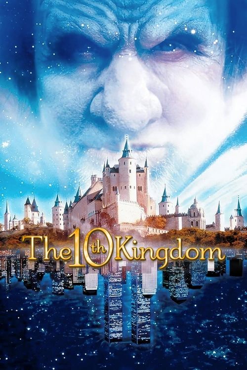 The poster features a hauntingly beautiful castle with a mystical blue sky and starry night. A large, ethereal face dominates the top, adding an eerie atmosphere. The title "The 10th Kingdom" is elegantly written in gold lettering. The overall mood is mysterious and enchanting, evoking a sense of...