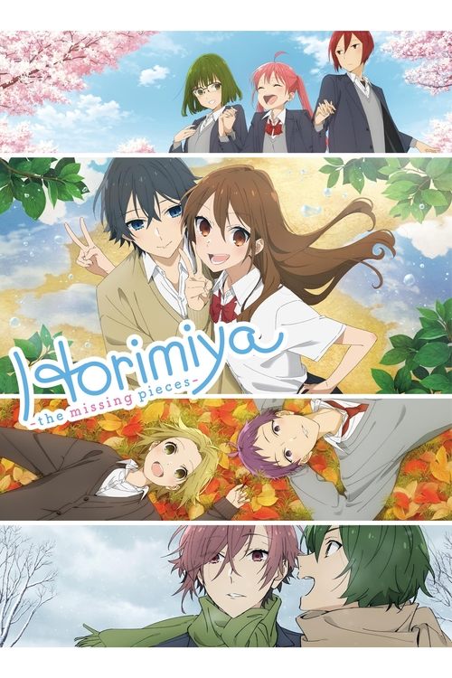 This anime poster features a vibrant, dreamy scene with characters in soft pastel colors, creating a nostalgic and romantic atmosphere. The title "Horimiya: The Missing Pieces" is prominently displayed, hinting at a story about missing connections and emotional bonds. The composition evokes a sen...