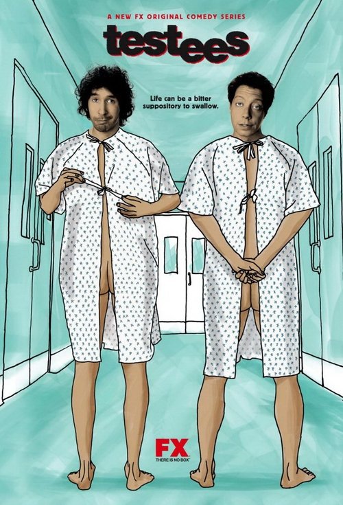 The poster features two men in matching white polka-dot pajamas standing in a teal hallway, exuding a relaxed, humorous vibe. The bold red "testees" title and the FX logo suggest a comedic, lighthearted tone.